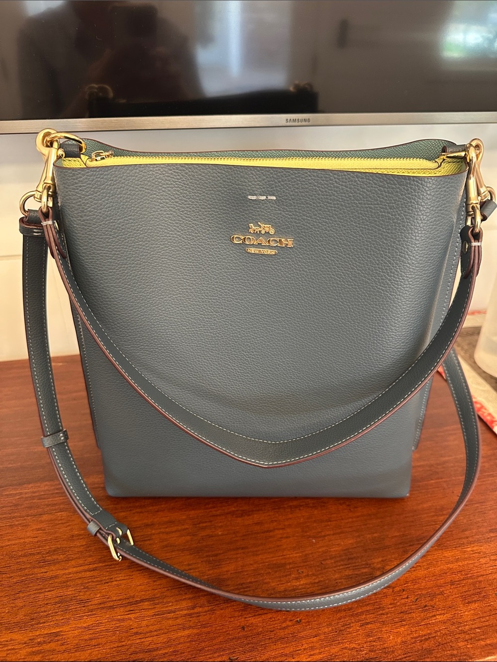 Coach Pebble Leather Crossbody in Slate with Lime Zip